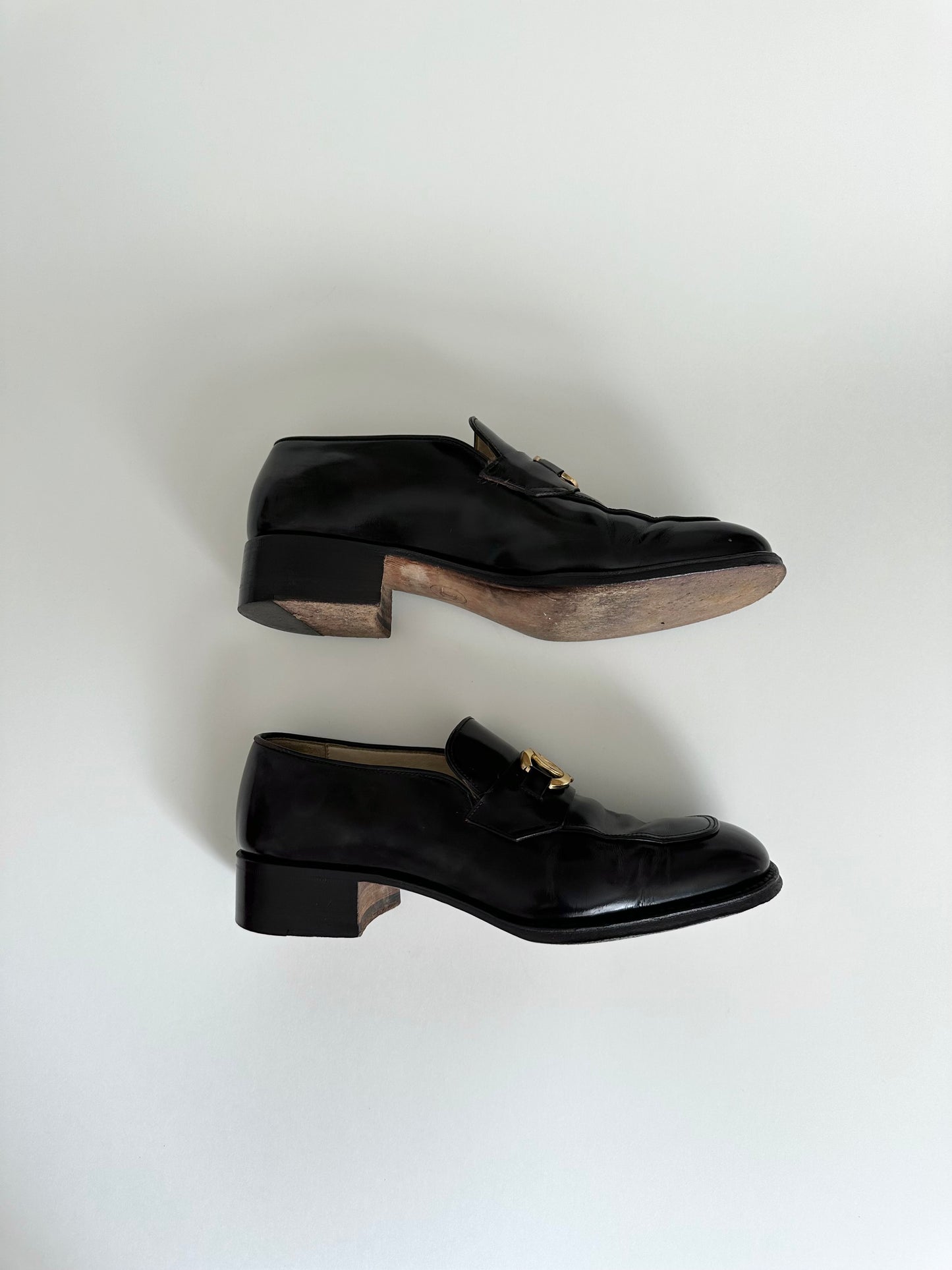 Chanel Brown Patent Logo Loafers 38.5