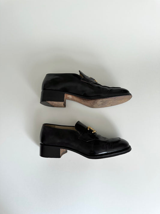 Chanel Brown Patent Logo Loafers 38.5