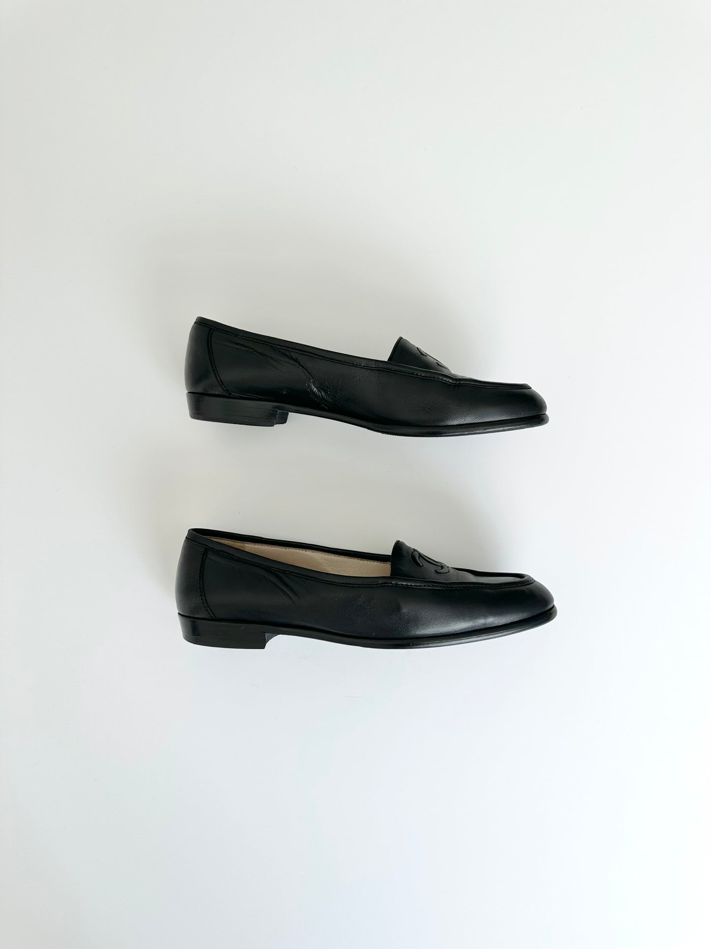 Chanel Black Leather Logo Loafers 40