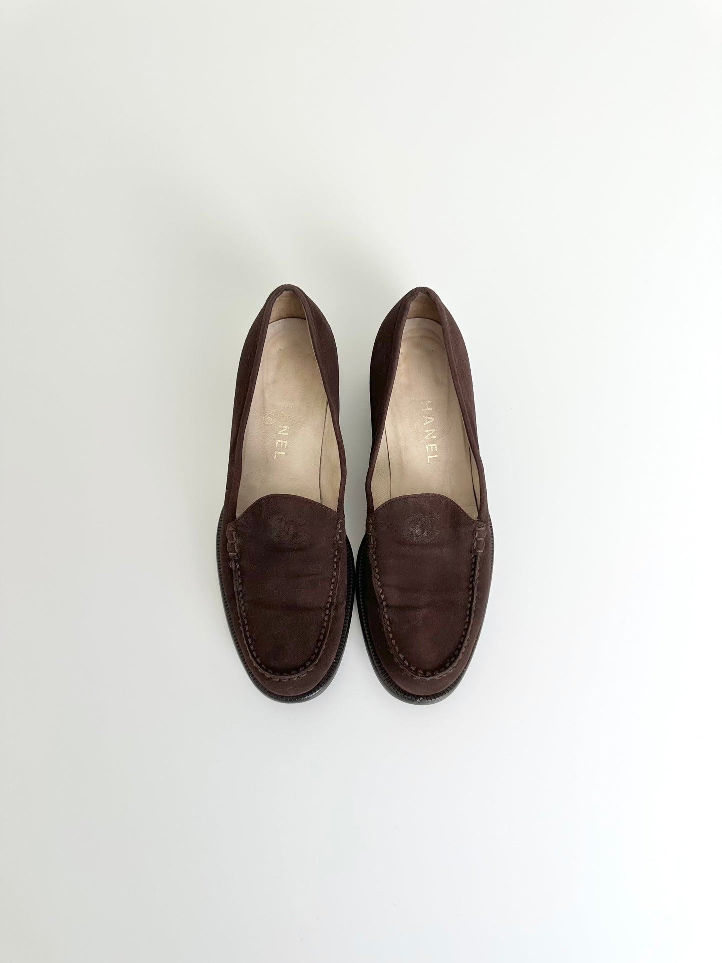 Chanel Brown Suede Logo Loafers 39.5