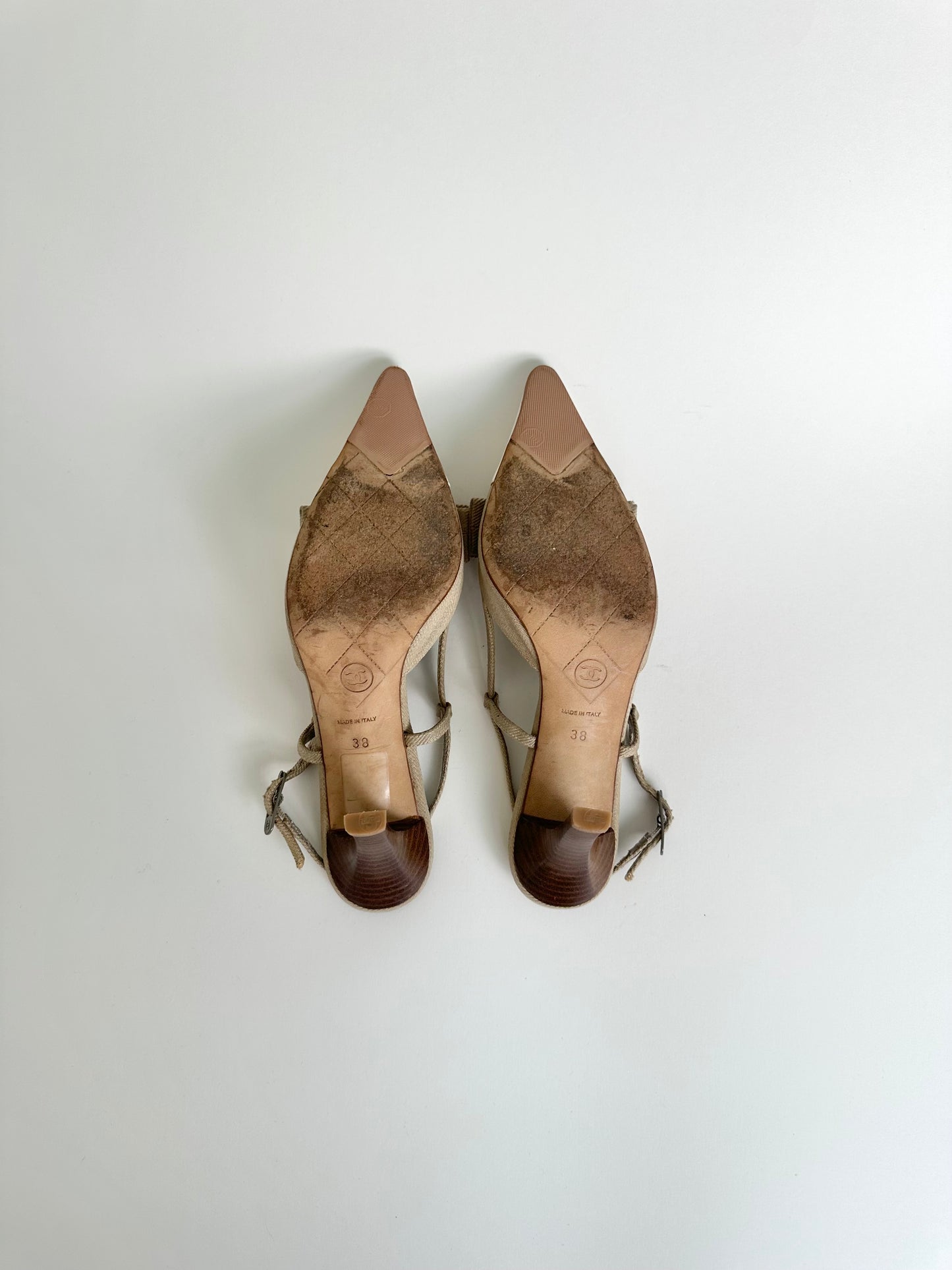 Chanel Beige Linen Bow Slingbacks 38