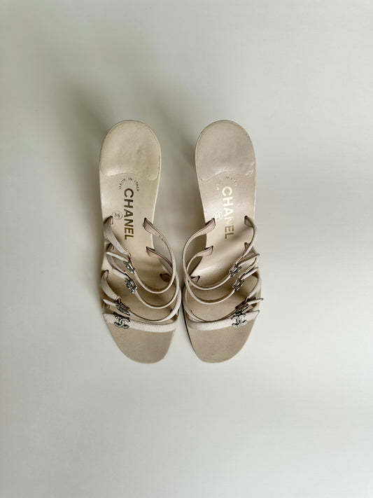 Chanel Beige Rhinestone Logo Sandals 38
