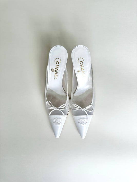 Chanel White Mesh Bow Mules 39