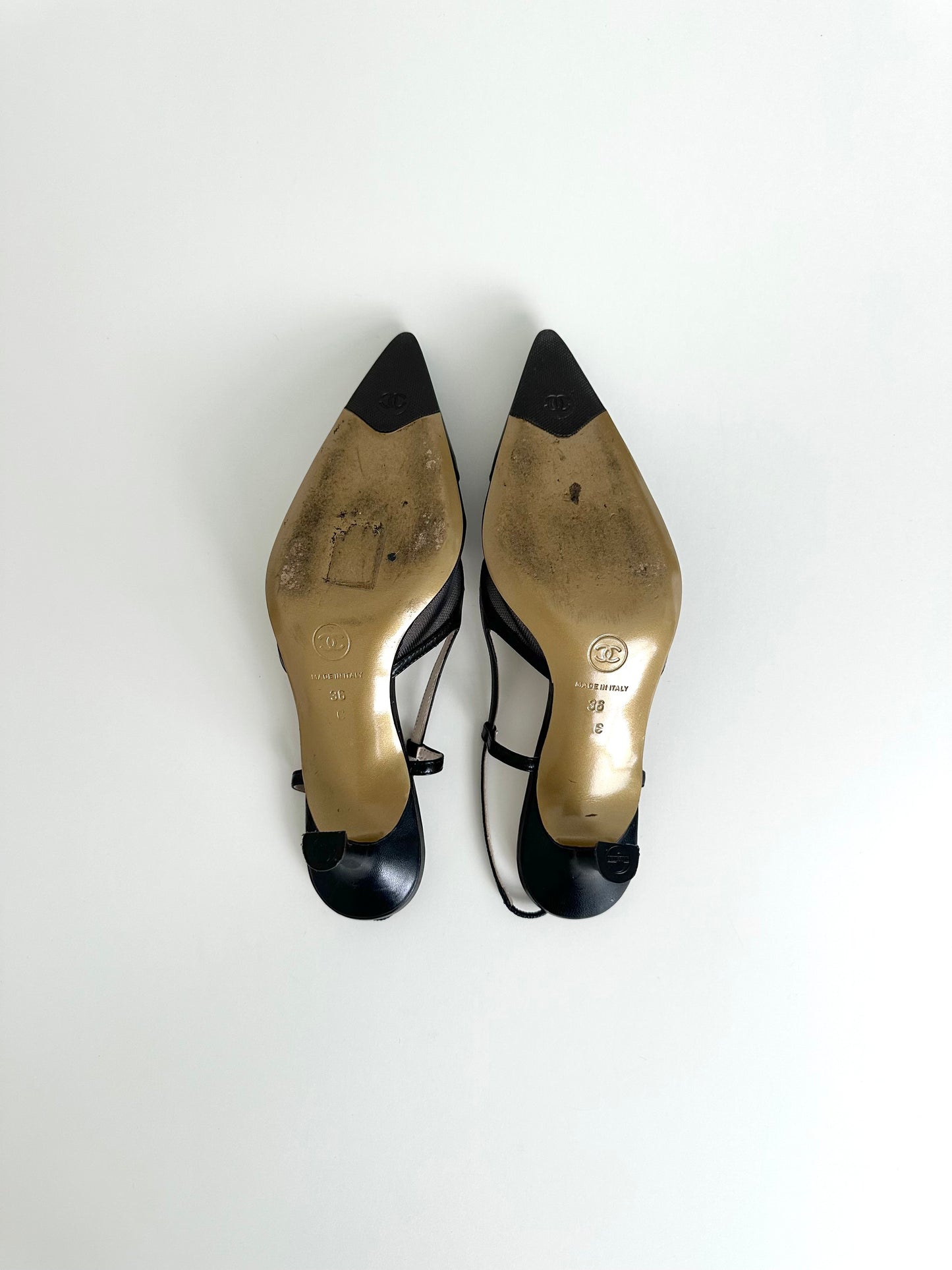 Chanel Black Mesh Logo Slingbacks 36