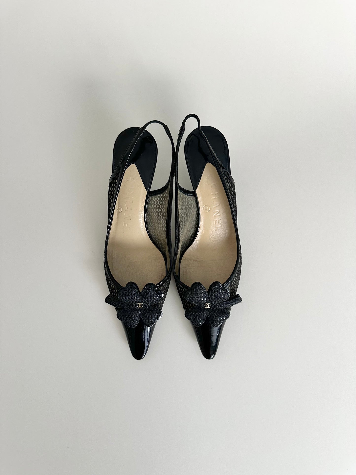 Chanel Black Mesh Clover Slingbacks 36