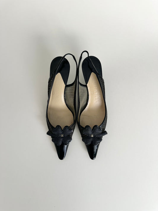 Chanel Black Mesh Clover Slingbacks 36