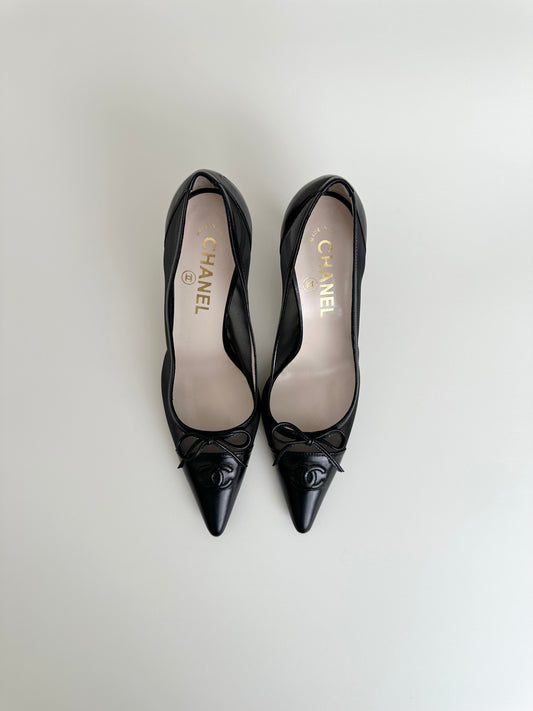 Chanel Black Mesh Bow Pumps 36.5