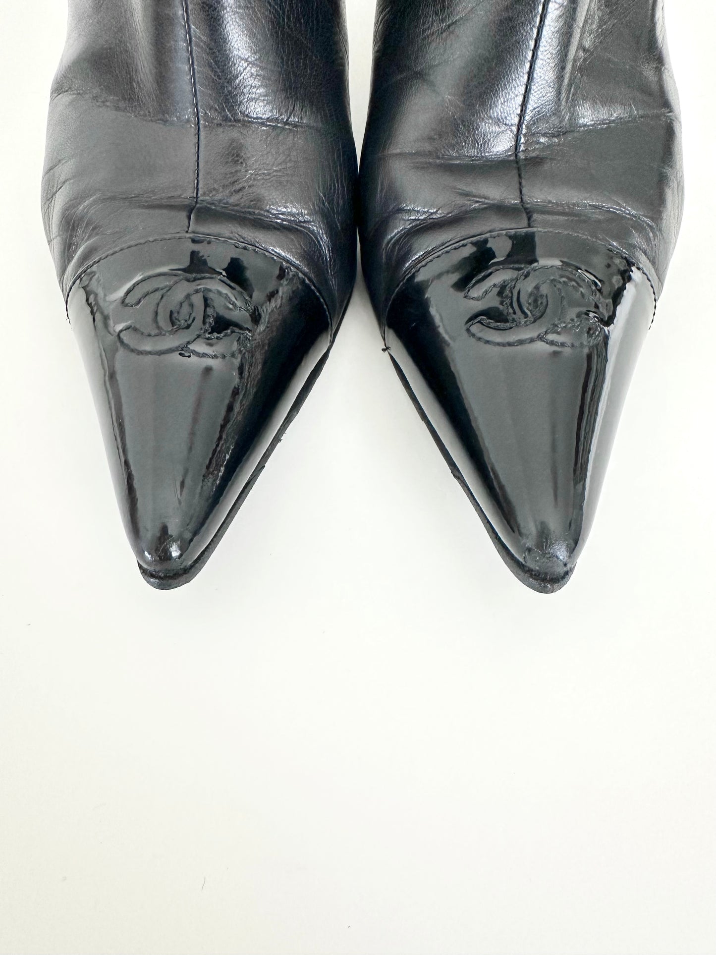 Chanel Black Leather Logo Ankle Boots 39
