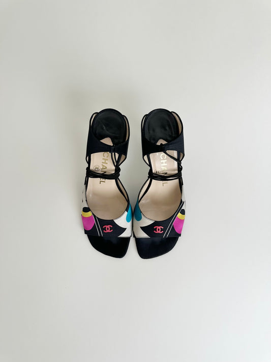 Chanel Multicolor Satin Ankle Tie Sandals 35.5