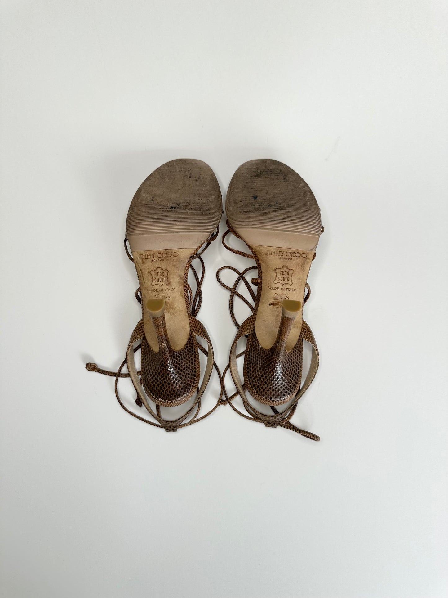 Jimmy Choo Brown Snakeskin Ankle Wrap Sandals 35.5