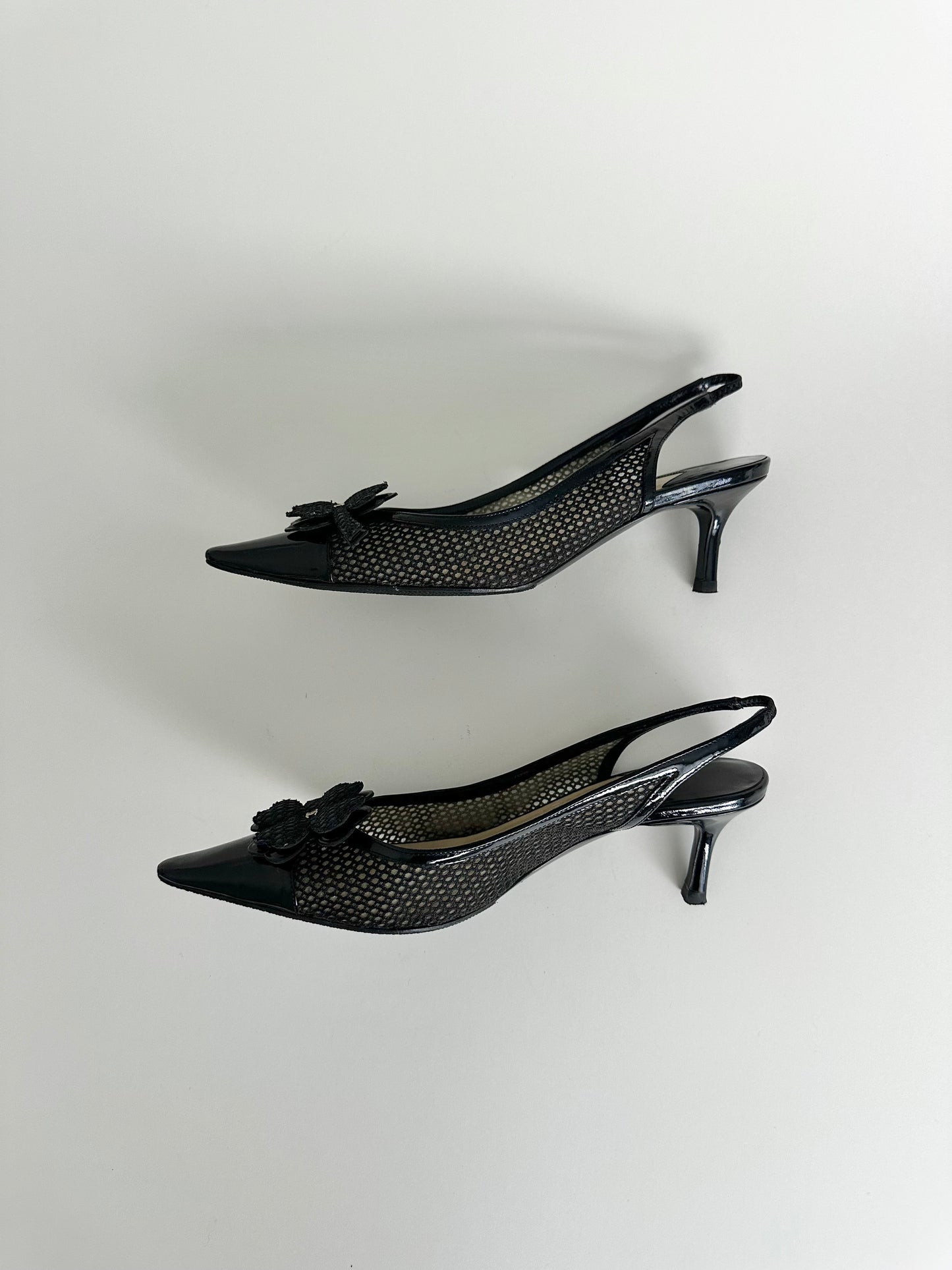 Chanel Black Mesh Clover Slingbacks 36
