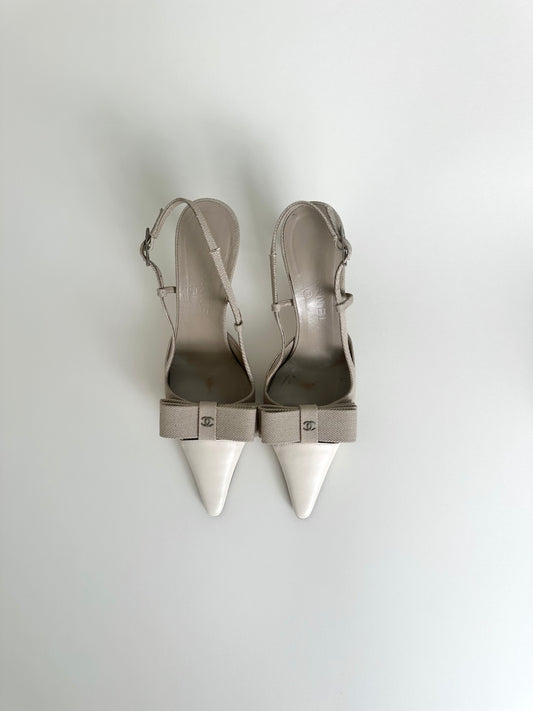 Chanel Beige Linen Bow Slingbacks 38