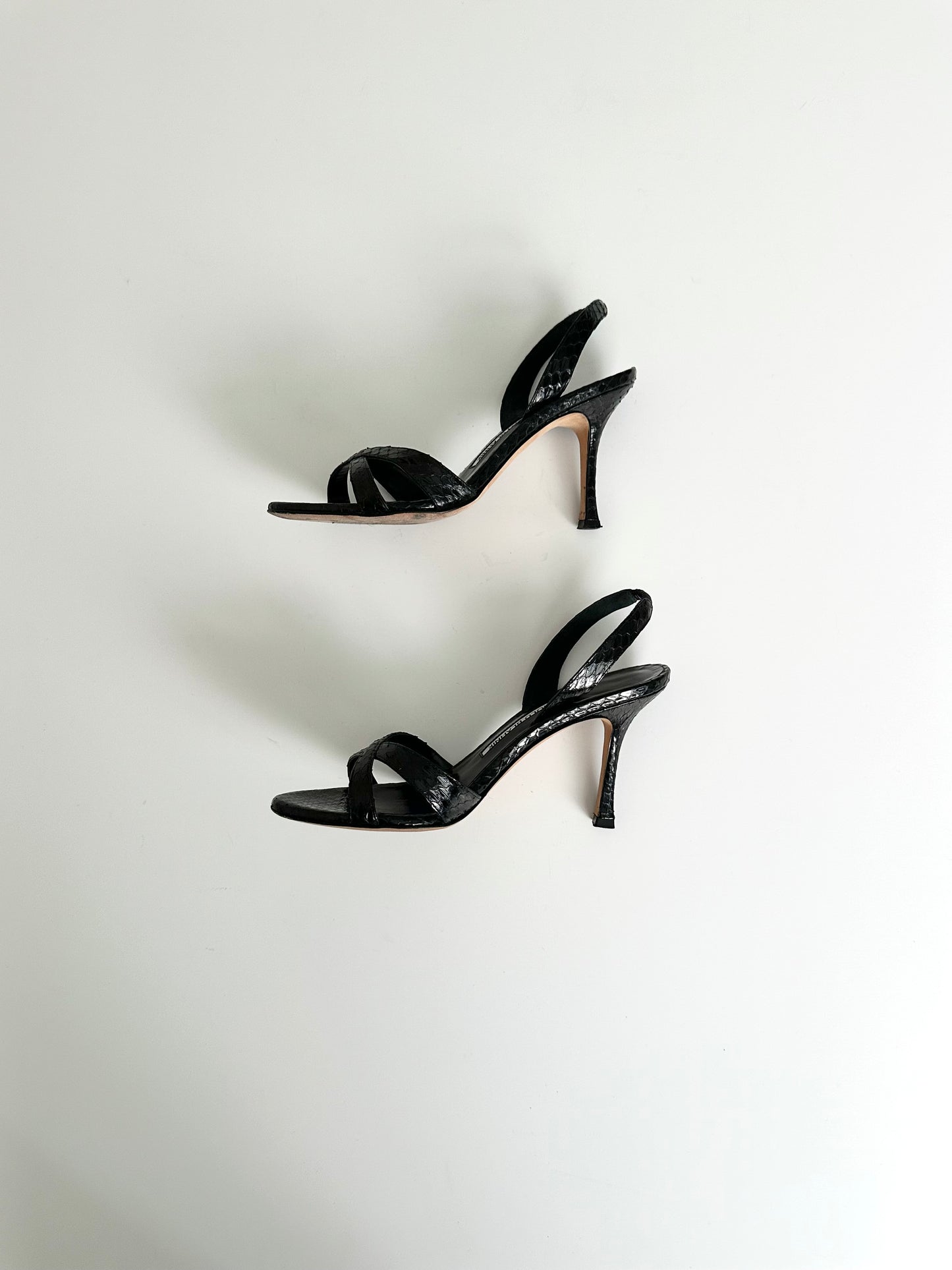 Manolo Blahnik Black Callasli Snakeskin Slingback 37