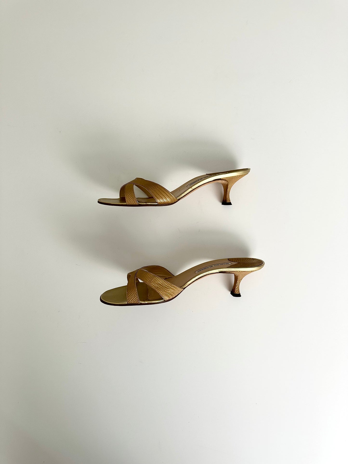 Manolo Blahnik Gold Lizard Callamu Mules 42