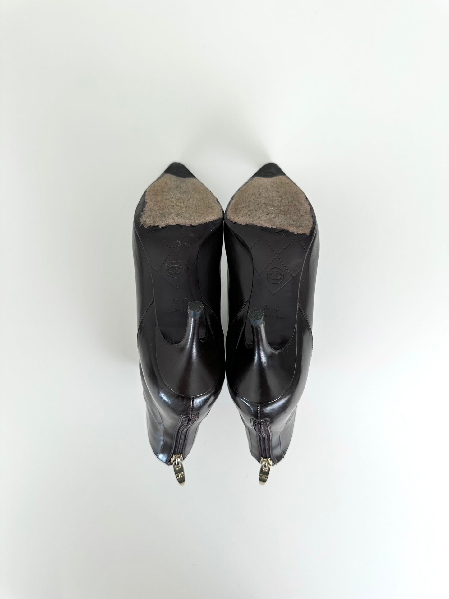 Chanel Brown Leather Logo Ankle Boots 37