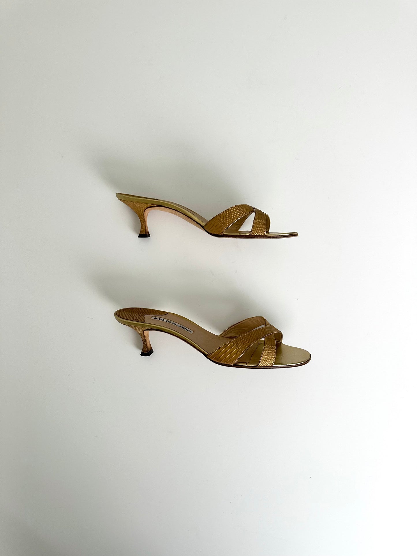 Manolo Blahnik Gold Lizard Callamu Mules 42