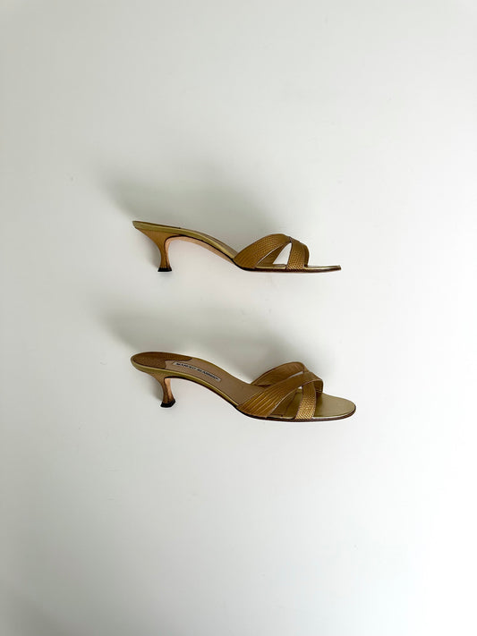 Manolo Blahnik Gold Lizard Callamu Mules 42