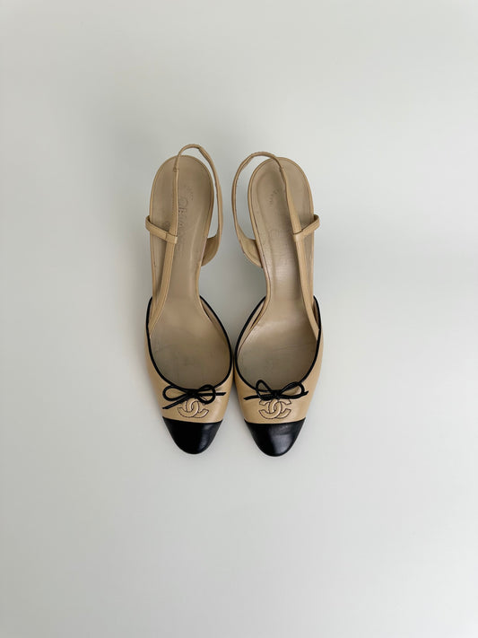 Chanel Tan/Black Round Toe Slingbacks 41