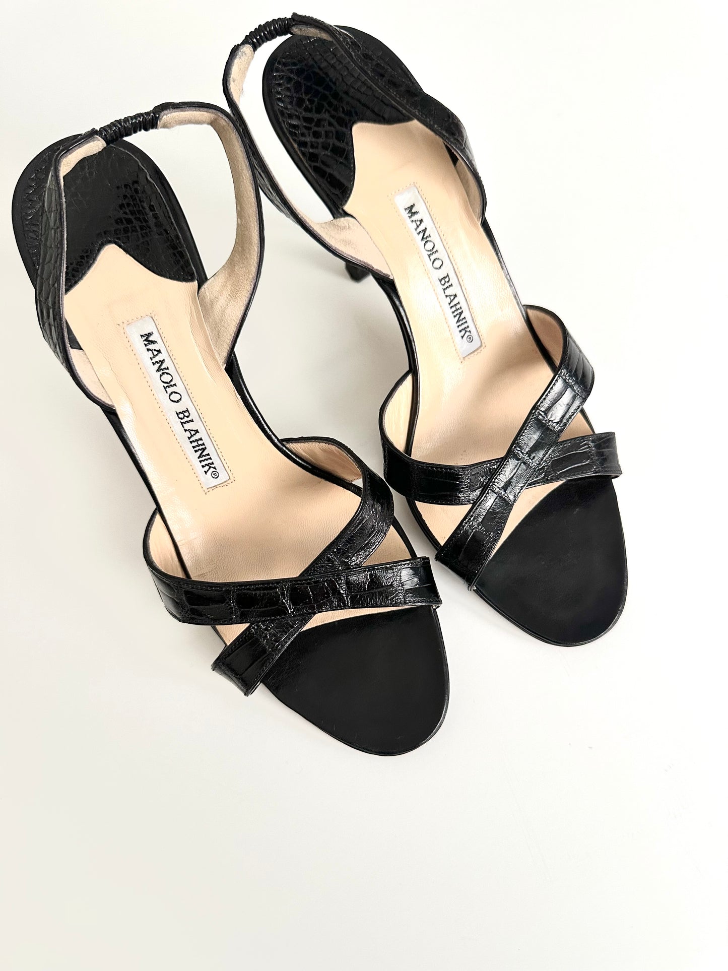 Manolo Blahnik Black Croc Callasli Slingback 37.5