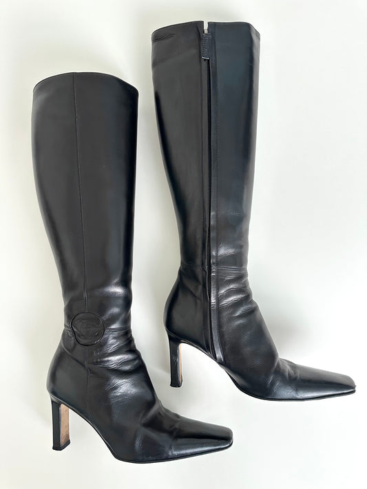 Chanel Black Leather Logo Boots 35.5