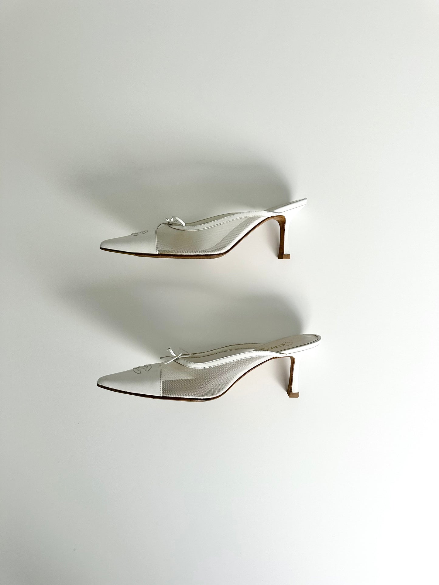 Chanel White Mesh Logo Mules 37.5