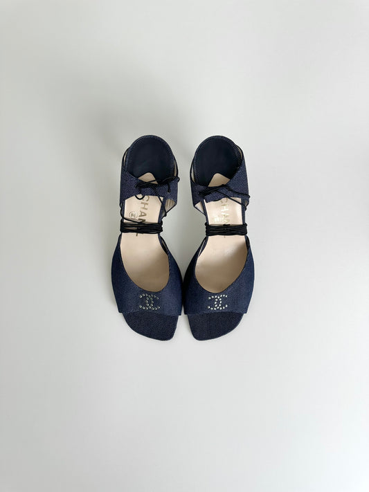 Chanel Denim Tie Up Sandals 38
