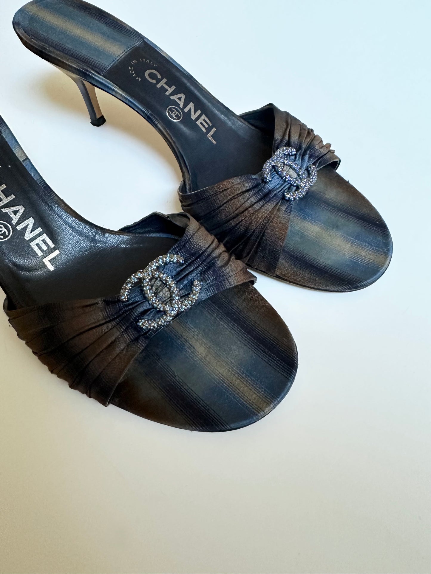 Chanel Blue Satin Rhinestone Sandals 40
