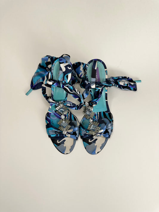 Pucci Jeweled Satin Ankle Wrap Sandals 38.5