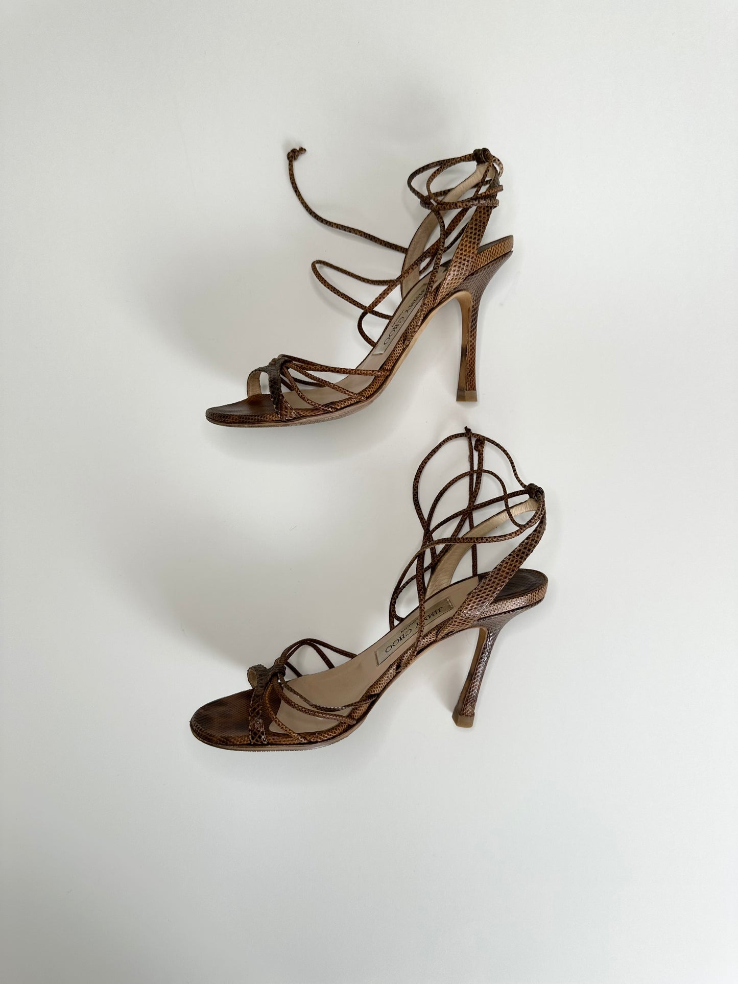 Jimmy Choo Brown Snakeskin Ankle Wrap Sandals 35.5