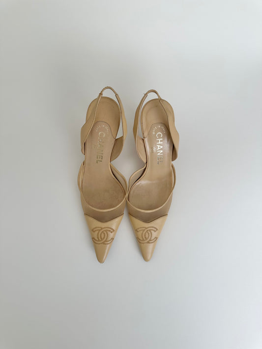 Chanel Beige Mesh Logo Slingback 37.5