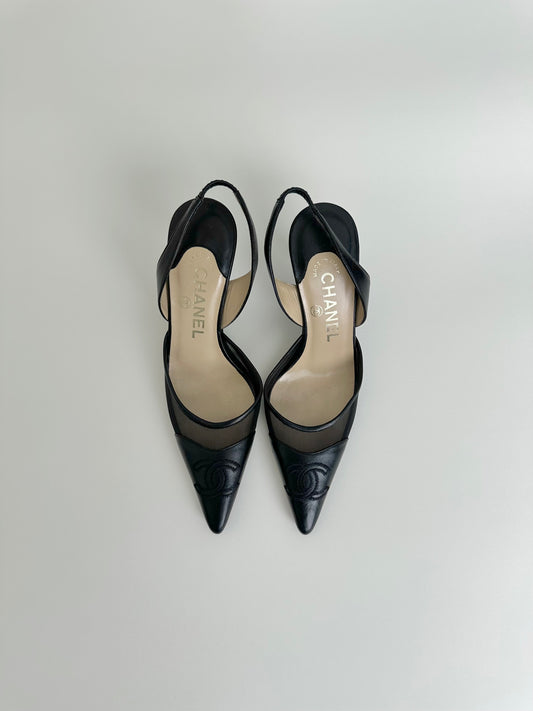 Chanel Black Mesh Logo Slingback 35