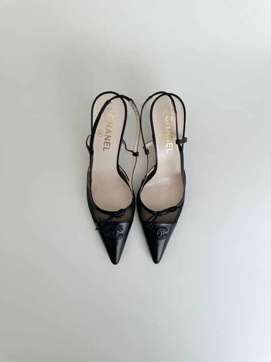 Chanel Black Mesh Bow Slingback 38.5