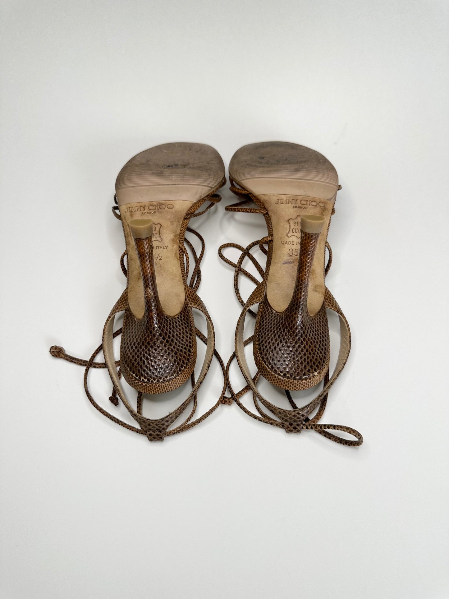 Jimmy Choo Brown Snakeskin Ankle Wrap Sandals 35.5