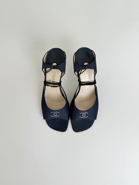 Chanel Denim Ankle Tie Sandals 40