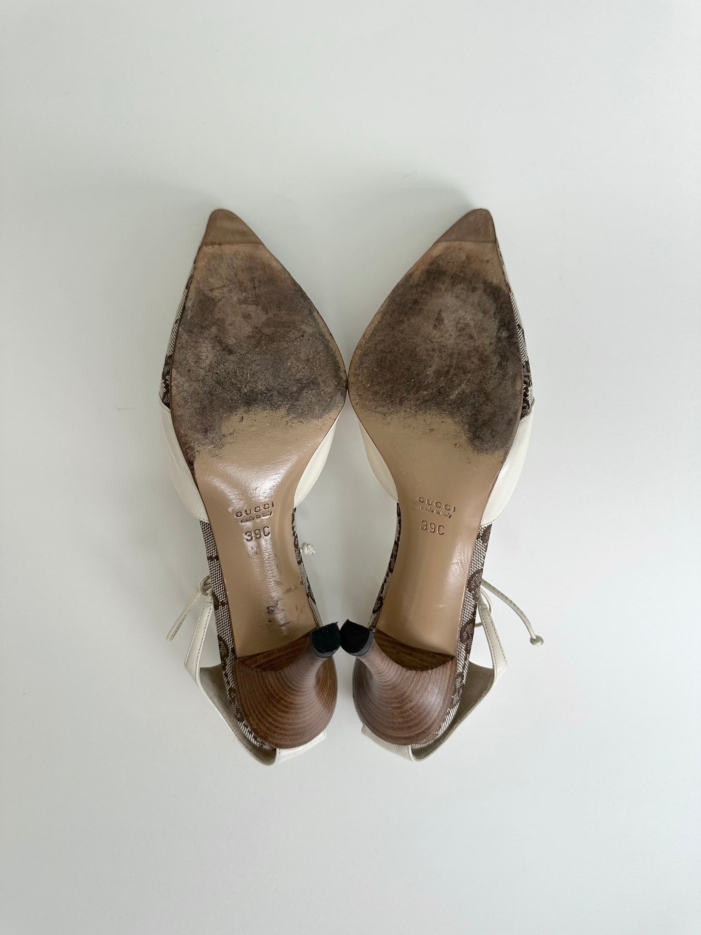 Gucci Ivory Monogram Ankle Tie Pumps 39
