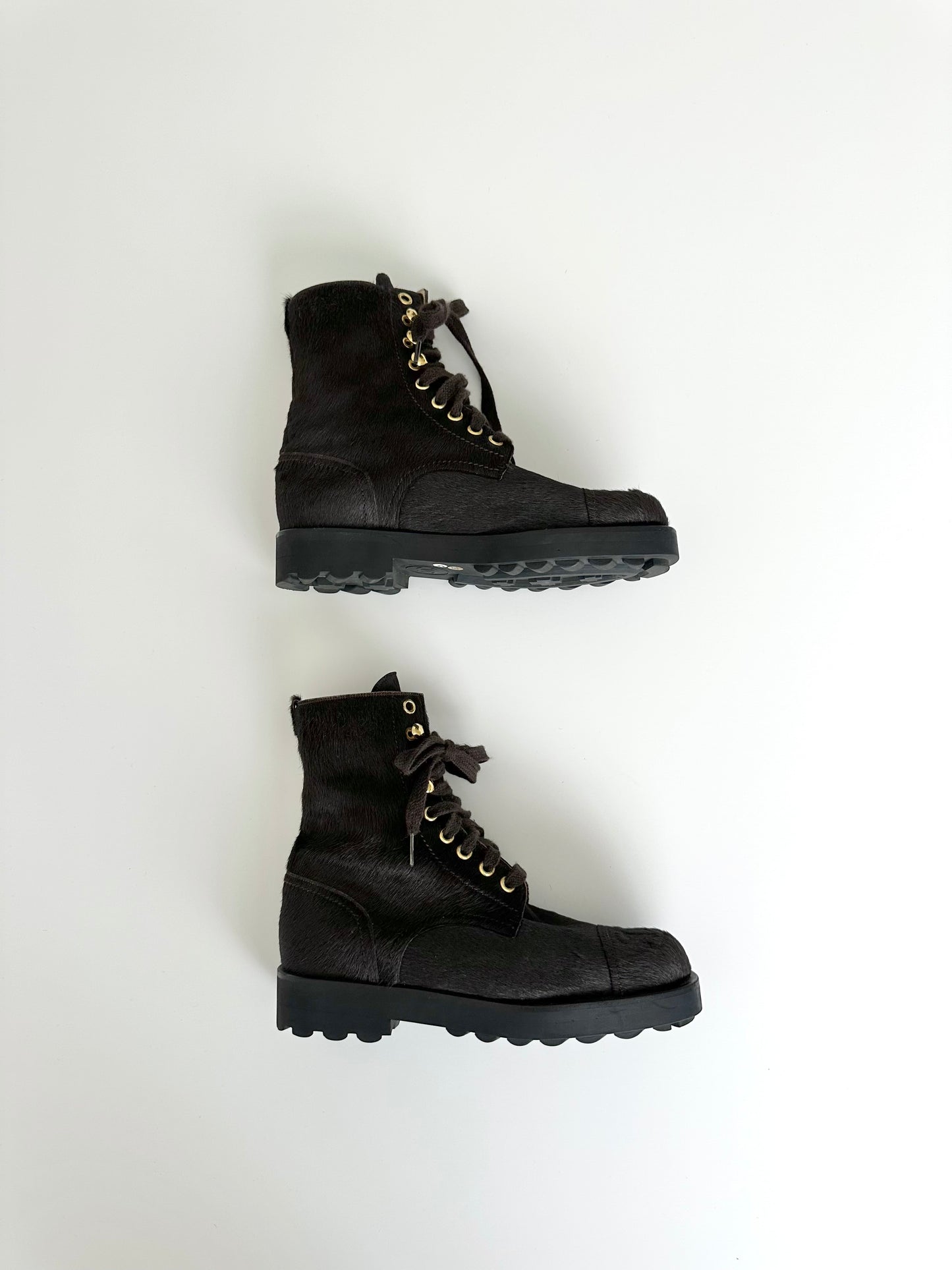 Chanel Brown Pony Hair Combat Boots 35.5