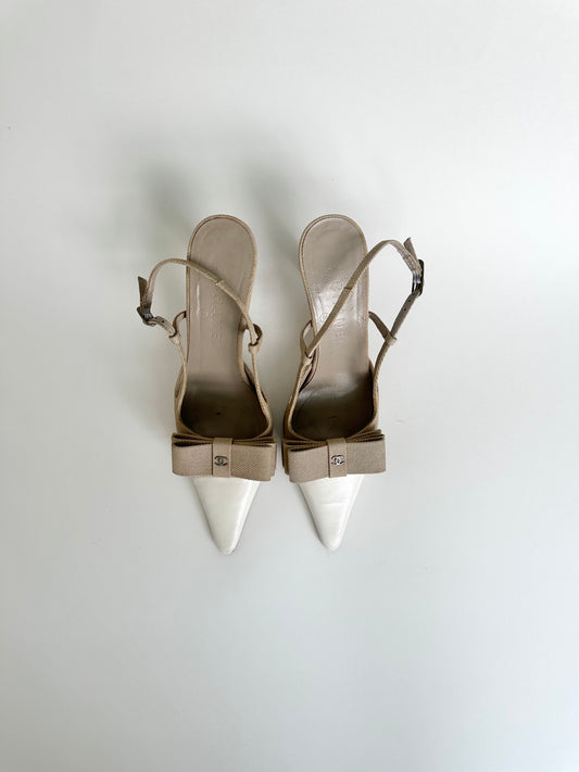 Chanel Beige Linen Bow Slingbacks 38