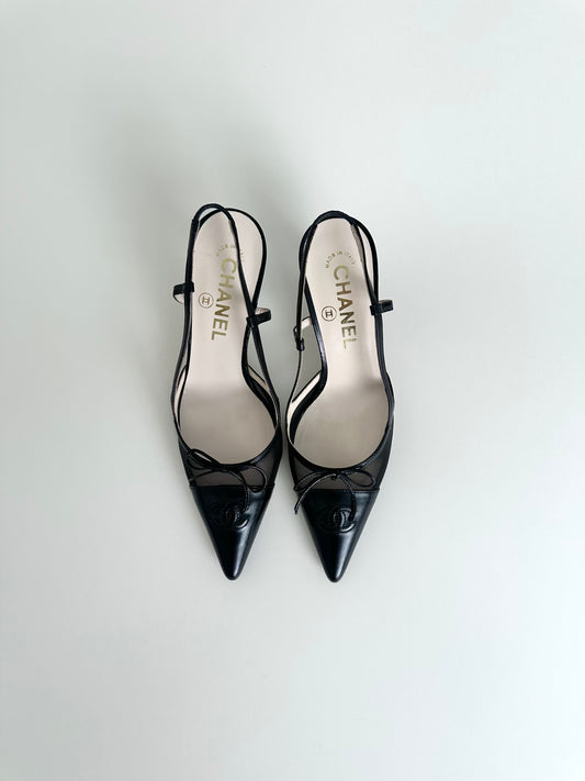 Chanel Black Mesh Logo Slingbacks 36
