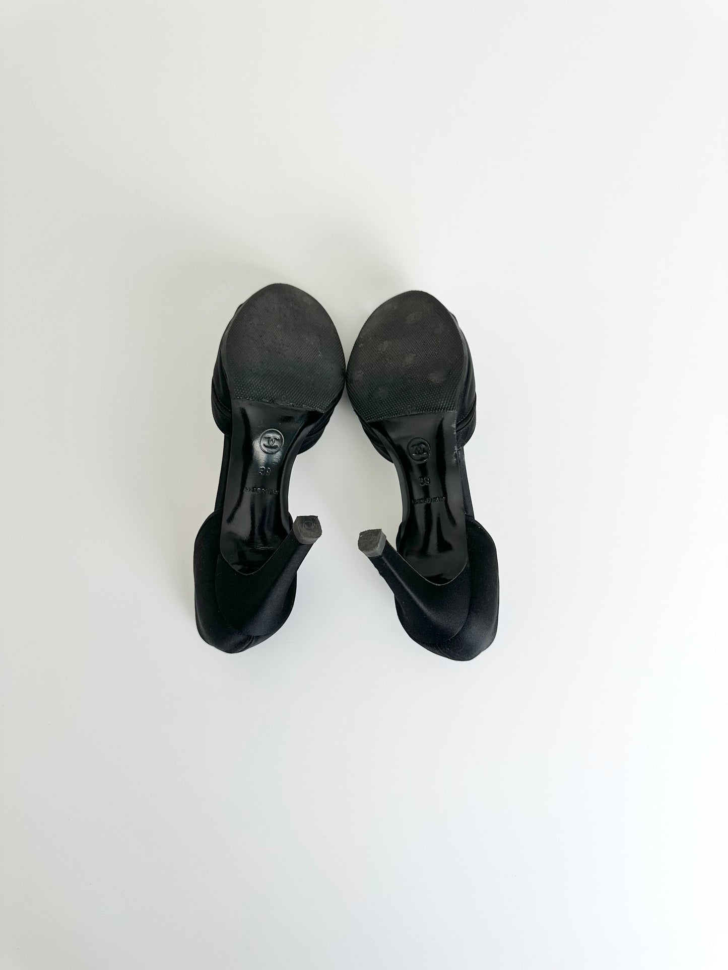 Chanel Black Satin Rhinestone Logo Pumps 39