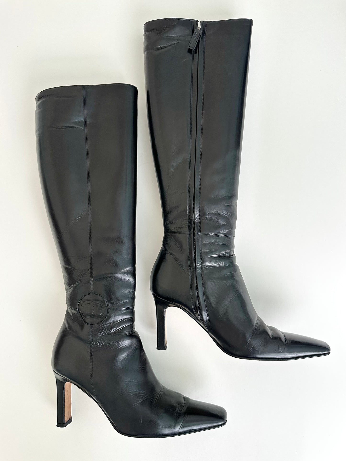 Chanel Black Leather Logo Boots 37