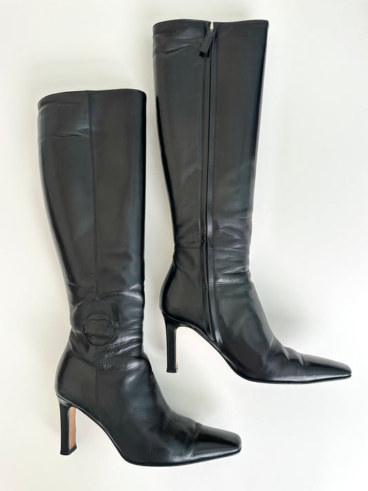 Chanel Black Leather Logo Boots 37