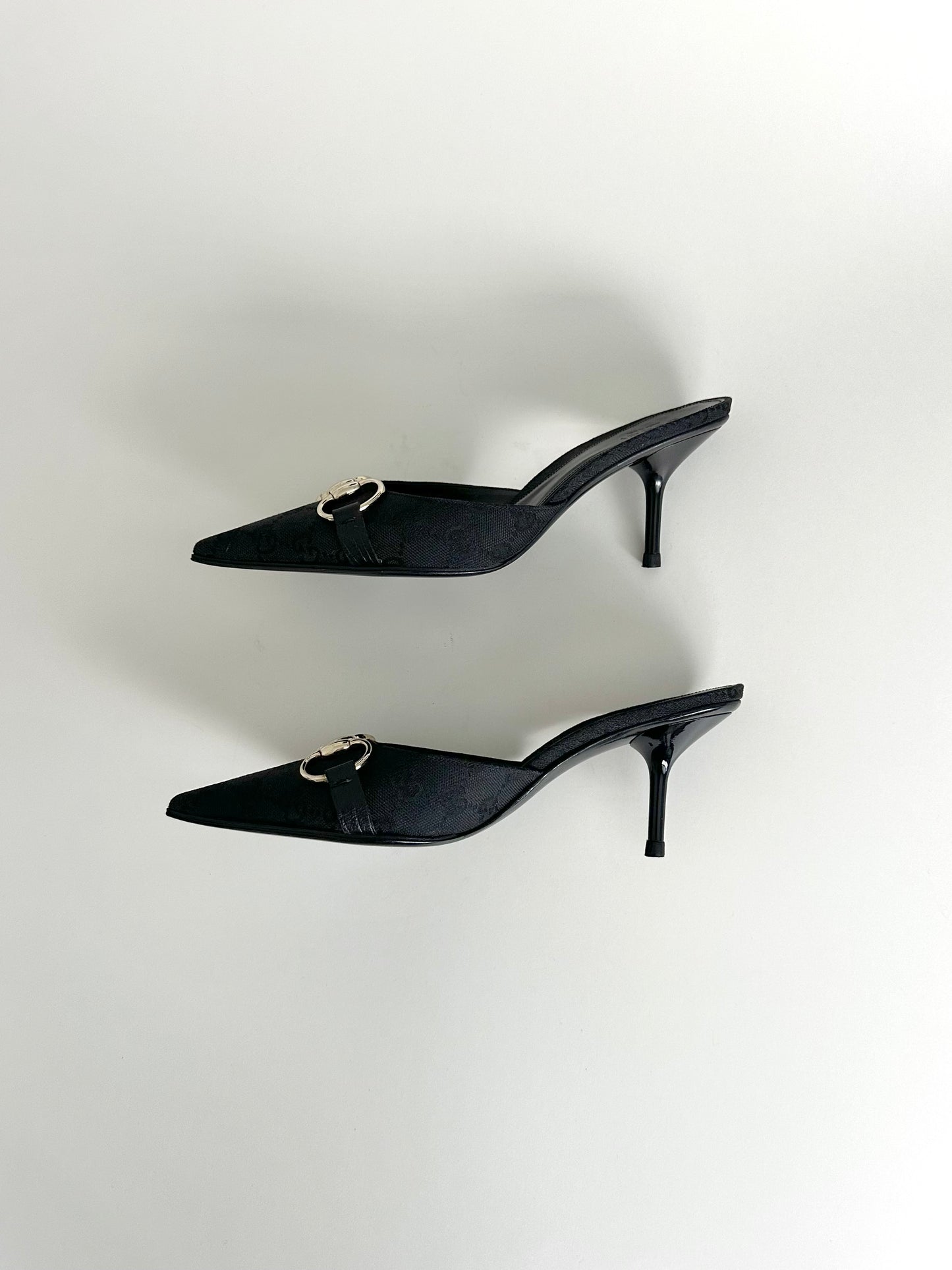 Gucci Black Monogram Horsebit Mules US 5.5