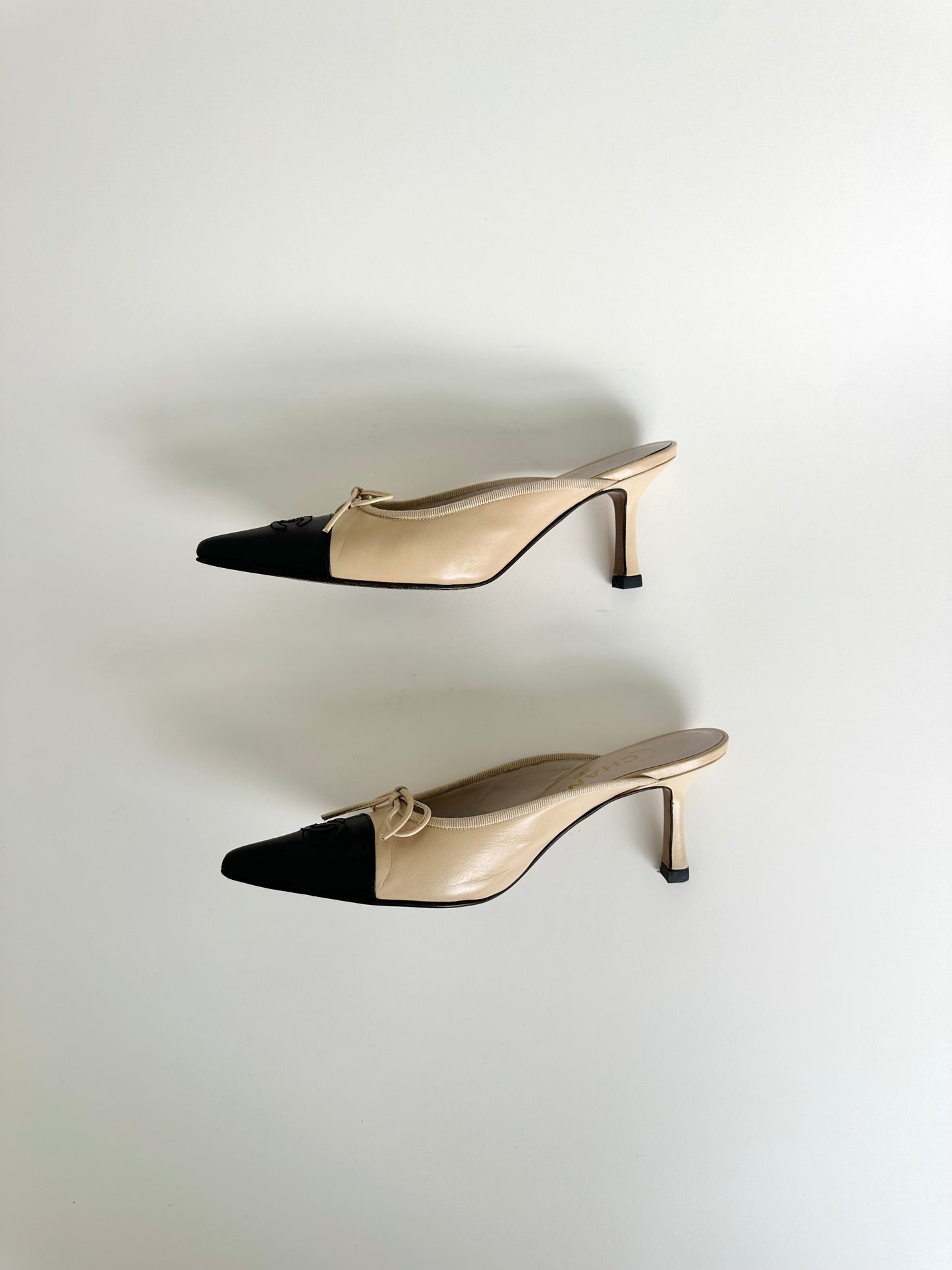 Chanel Beige/Black Logo Mules 35.5