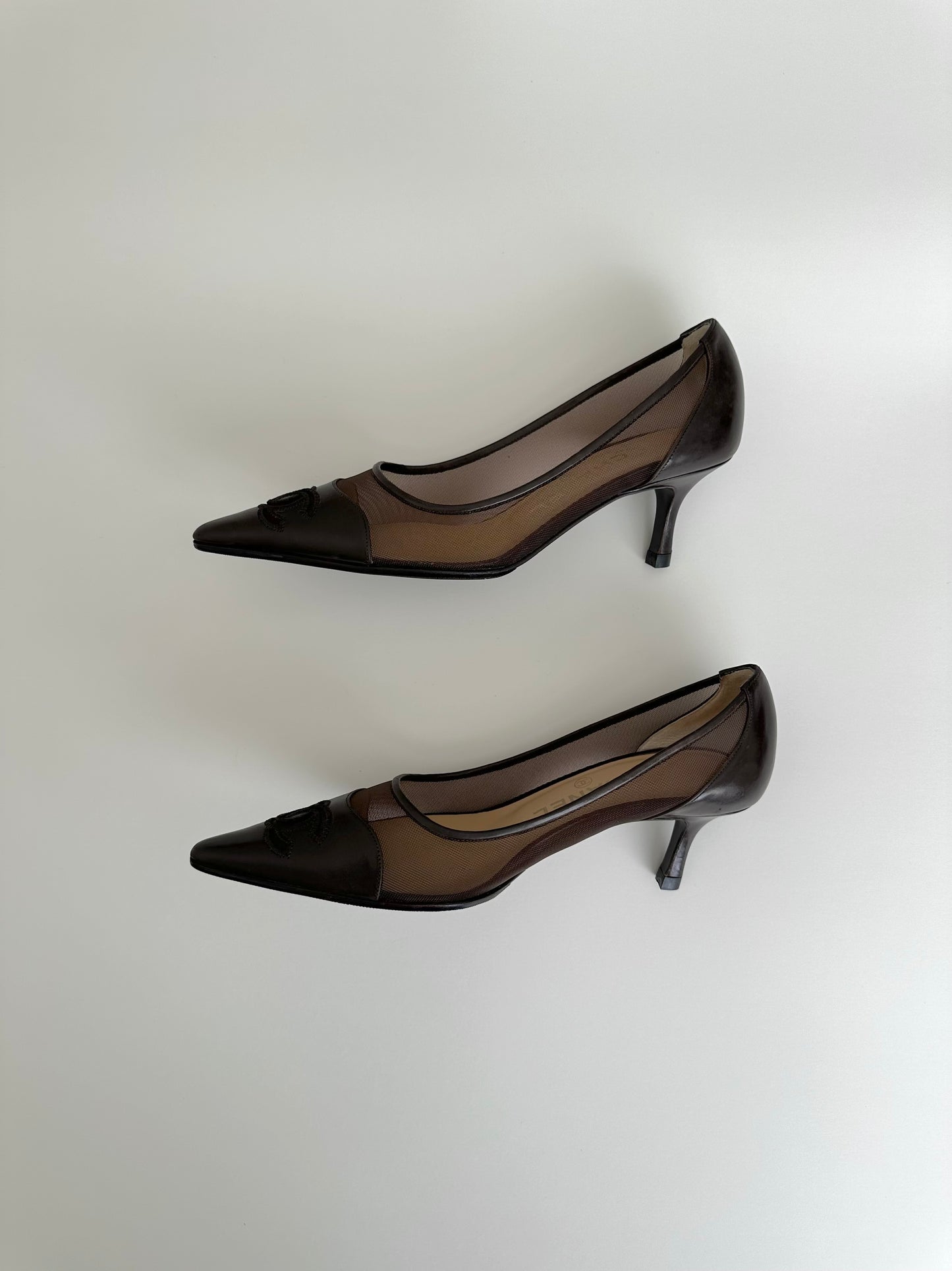 Chanel Brown Mesh Logo Pumps 36.5