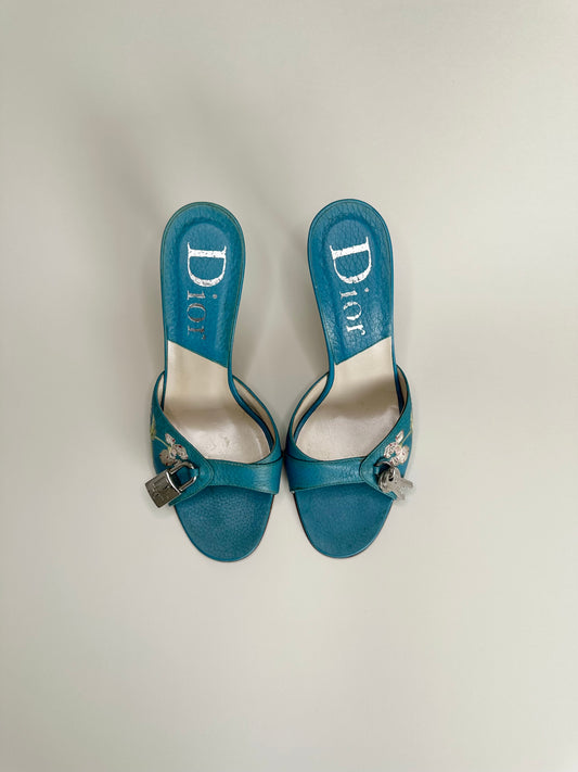 Dior Blue Embroidered Lock/Key Sandals 37.5