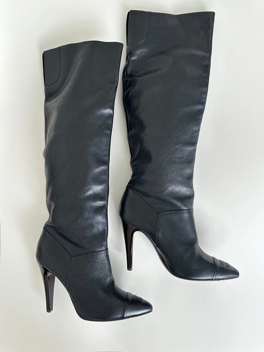 Chanel Black Leather Logo Boots 37