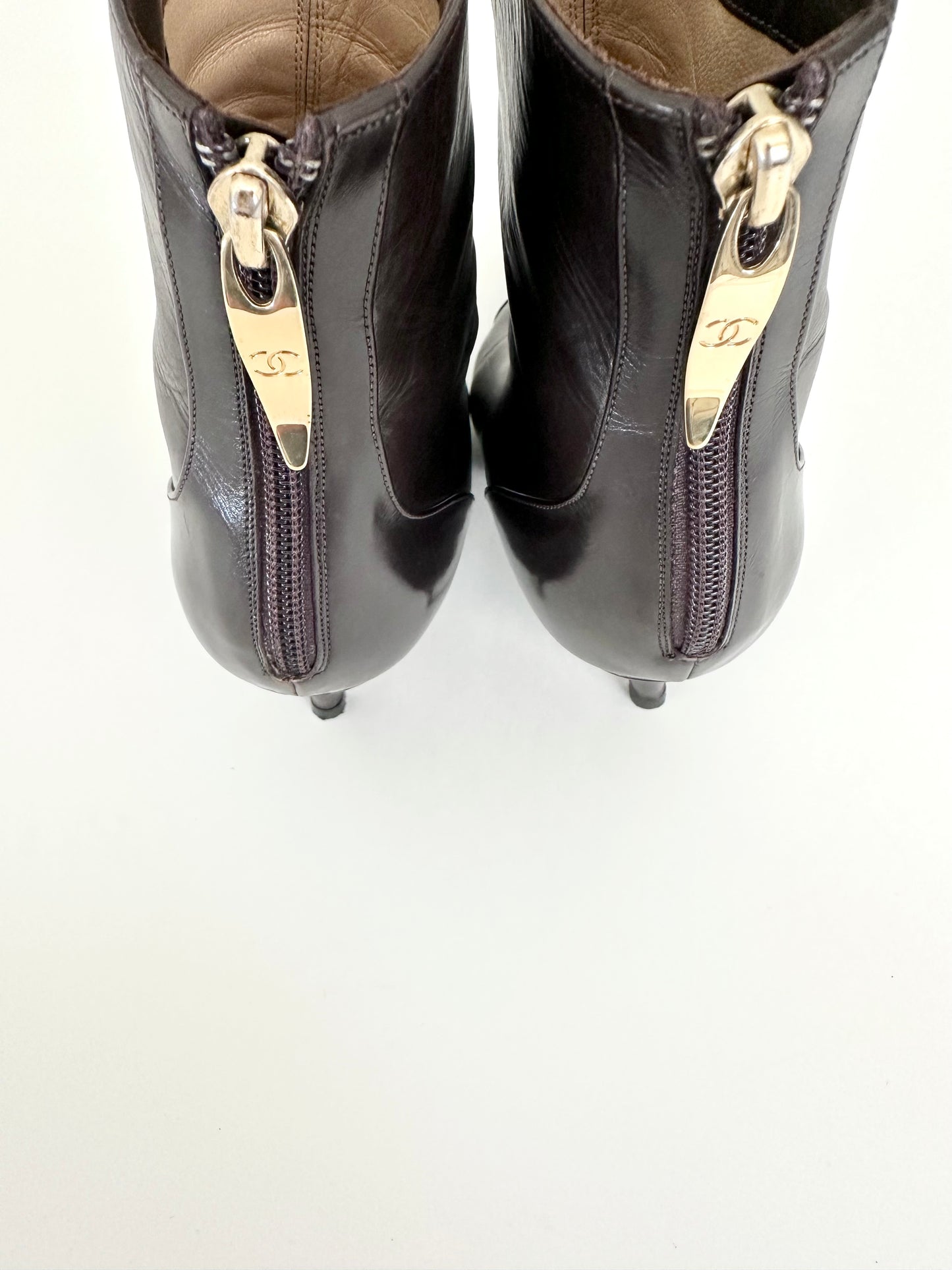 Chanel Brown Leather Logo Ankle Boots 37
