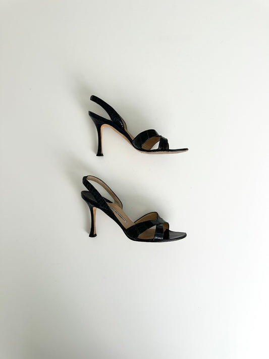 Manolo Blahnik Navy Croc Callasli Slingback 36