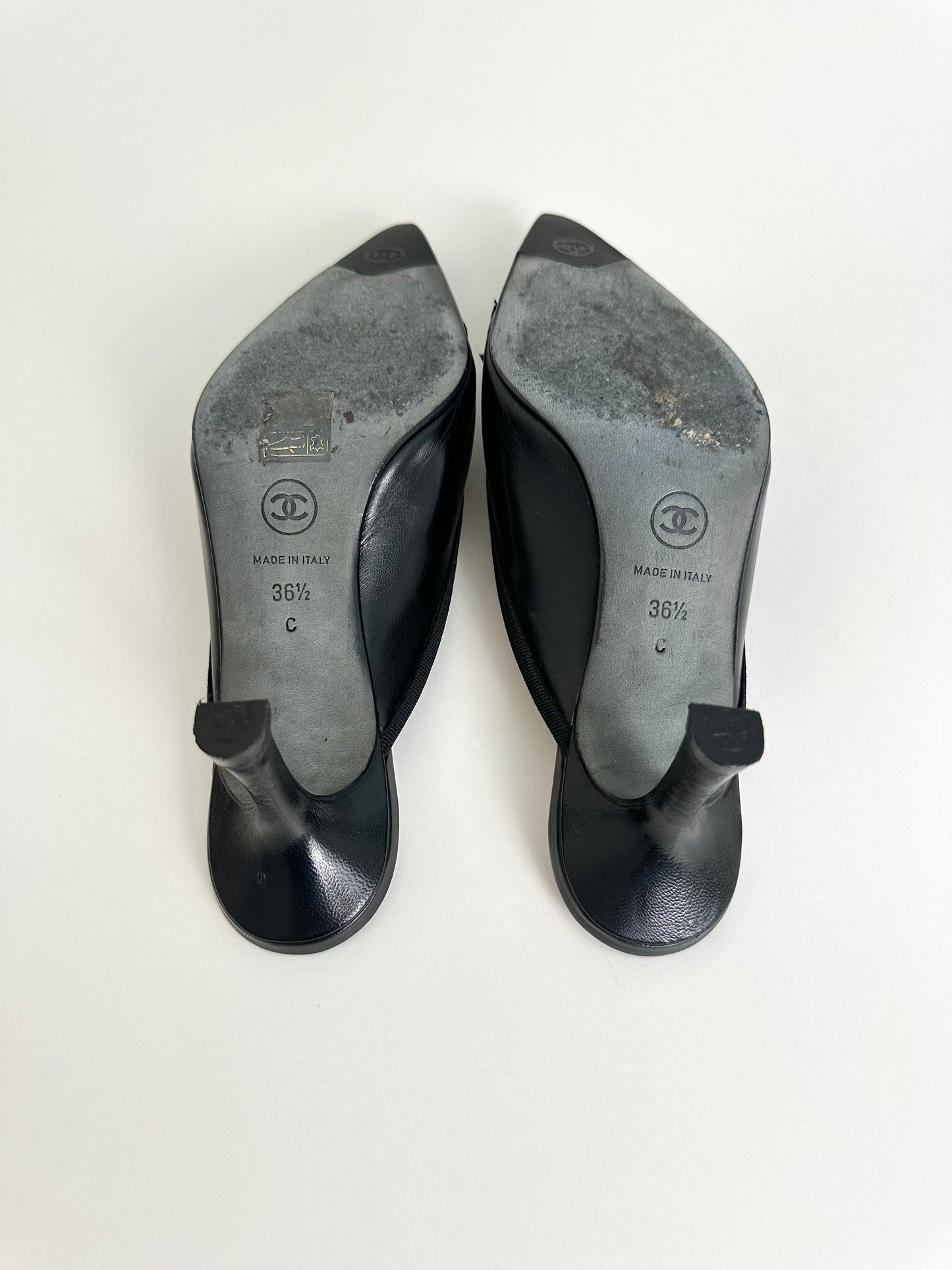 Chanel Black Leather Logo Mules 36.5