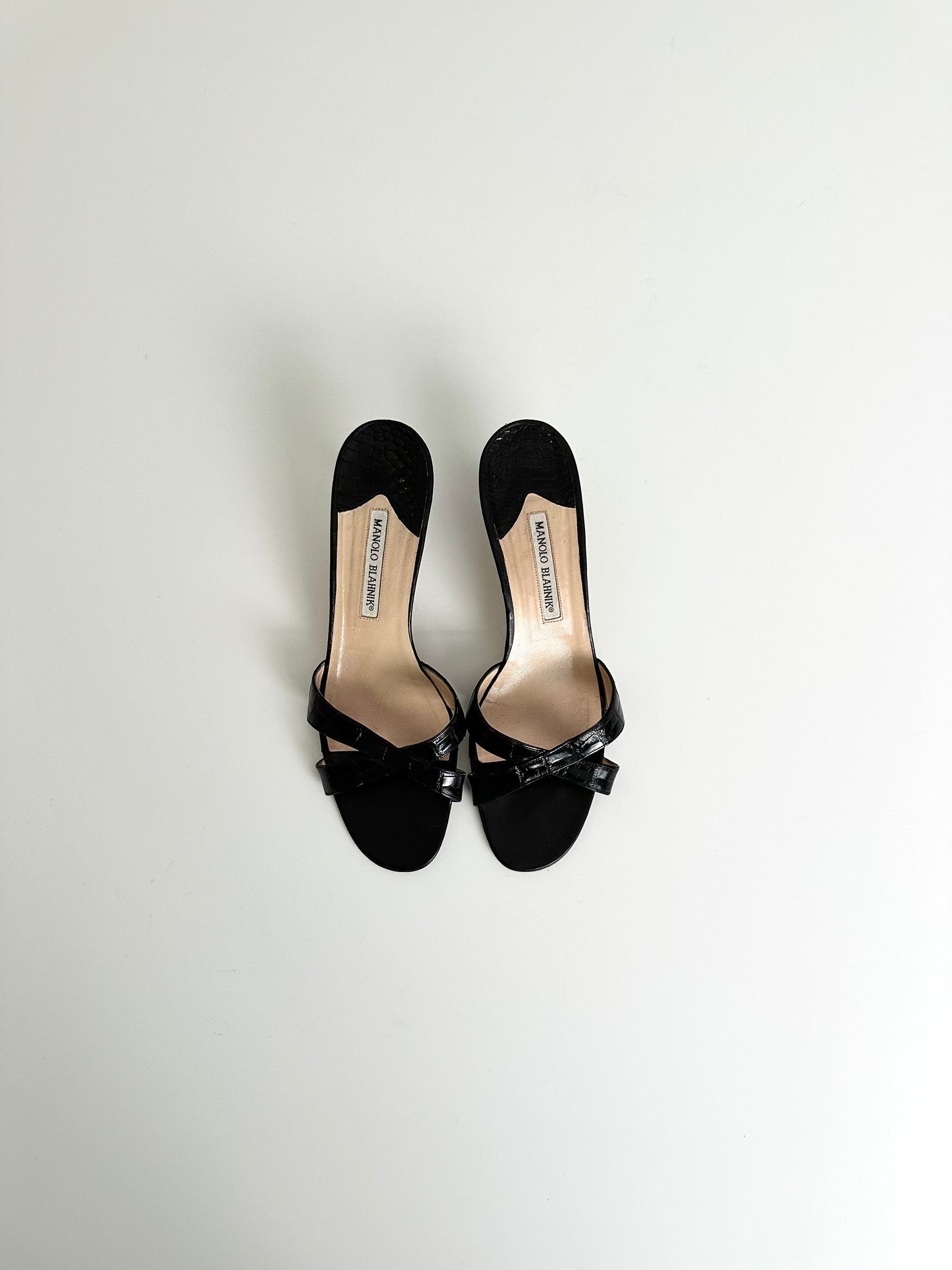 Manolo Blahnik Black Croc Callamu Mules 40.5